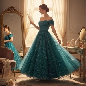 Green & Silver Stars & Moons Sequined Formal Dress (28W)